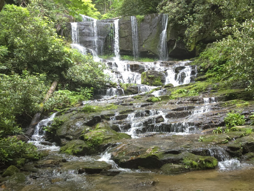 A serene waterfall cascading over mossy rocks, surrounded by lush greenery and trees.