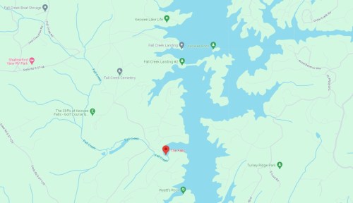 Map showing the area around The Falls, including nearby landmarks and water features.