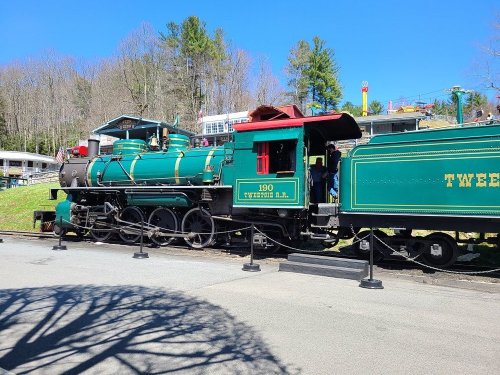 A vintage green steam locomotive displayed outdoors, with trees and a park in the background.