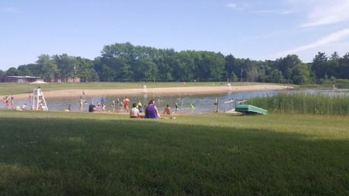 A sunny day at a beach with people swimming, playing, and relaxing on the grass near a calm lake surrounded by trees.