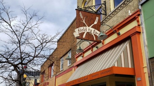 Sign for "Field to Fort" bakery and grocery on a colorful storefront, with a tree branch in the foreground.