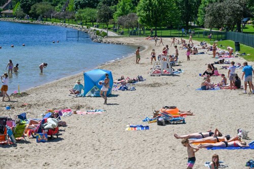 A busy beach scene with people sunbathing, swimming, and relaxing on the sand near a lake on a sunny day.