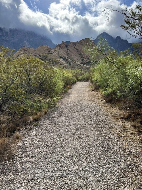 A gravel path winds through lush greenery, leading towards rocky mountains under a partly cloudy sky.