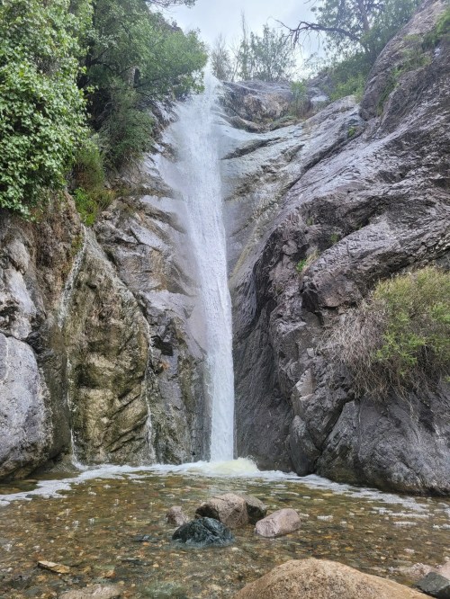 A waterfall cascading down rocky cliffs into a clear pool, surrounded by lush greenery.