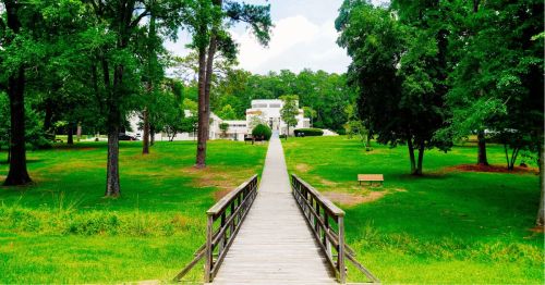 A pathway surrounded by greenery leads to a white building at Ocmulgee Mounds National Historical Park, a stop along this weekend road trip in Georgia.