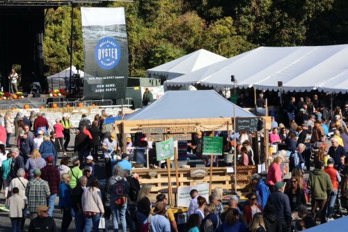 A bustling outdoor festival scene with a crowd, food stalls, and a stage in the background under a clear blue sky.
