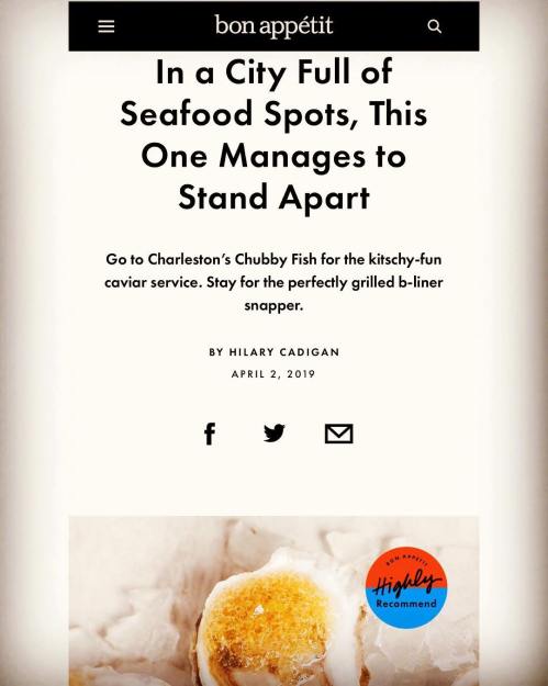 Article headline about a seafood restaurant, featuring a recommendation for Chubby Fish in Charleston.