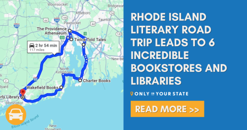 Map of a Rhode Island literary road trip highlighting six bookstores and libraries, with a route marked in blue.