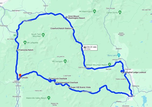 Map showing a scenic driving route through New Hampshire, highlighting key overlooks and landmarks along the way.