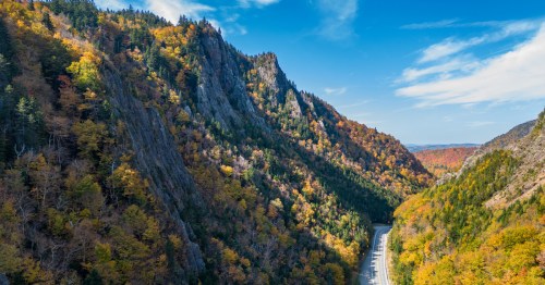 Aerial view of a winding road through vibrant autumn foliage in a mountainous landscape under a clear blue sky.