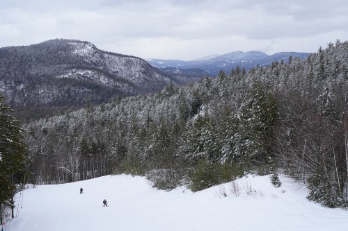 Two skiers descend a snowy slope surrounded by evergreen trees and mountains under a cloudy sky.