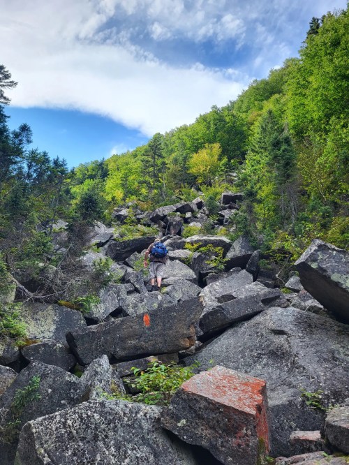 A hiker climbs a rocky slope surrounded by lush green trees and a blue sky with scattered clouds.