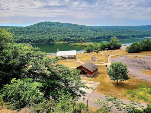Scenic view of a lake surrounded by green hills, with a picnic area and parking lot in the foreground.