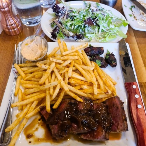 A plate with steak topped with sauce, crispy fries, a side of salad, and a small cup of sauce.