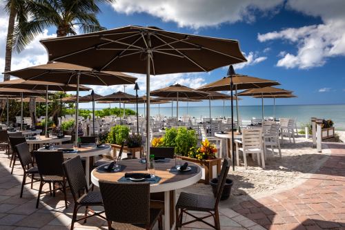 Outdoor dining area with tables under umbrellas, surrounded by greenery and a view of the beach and ocean.
