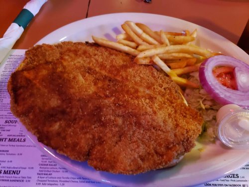 A large breaded fish fillet served with fries, onion, tomato, and a side of dipping sauce on a plate.