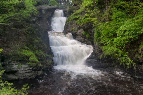 A cascading waterfall flows over rocky cliffs, surrounded by lush green foliage and a dark pool below.