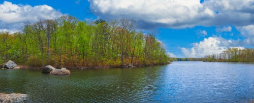 A serene lake surrounded by lush green trees and a partly cloudy sky, reflecting nature's tranquility.