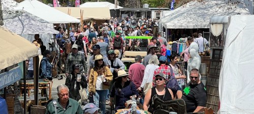 A bustling outdoor market filled with people browsing various tents and stalls under sunny skies.