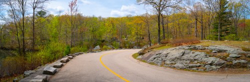 A winding road curves through a lush green landscape with trees and rocks under a partly cloudy sky.