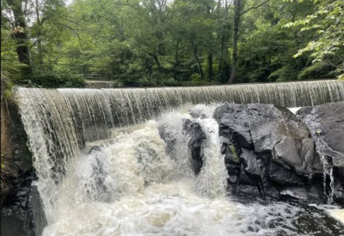 A serene waterfall cascading over rocks, surrounded by lush green trees in a tranquil natural setting.