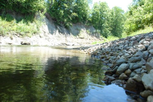 A serene riverbank scene with clear water, pebbles, and lush greenery along the shore under a bright blue sky.