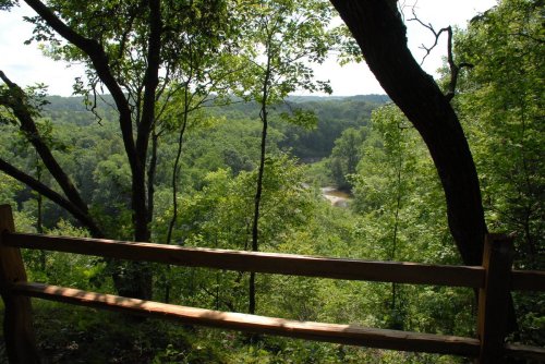 A scenic view of a lush green landscape with a river, framed by trees and a wooden bench in the foreground.