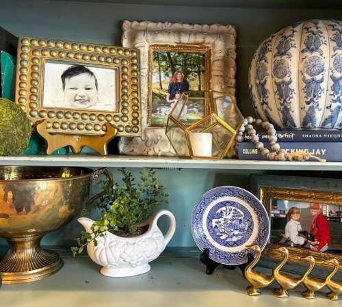 A shelf display featuring framed photos, decorative objects, and plants in a cozy arrangement.