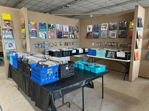 A record store display featuring vinyl records organized in bins and on walls, with tables for browsing.