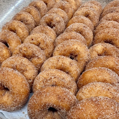 A close-up of freshly made, cinnamon-sugar coated donuts arranged in neat rows on a tray.