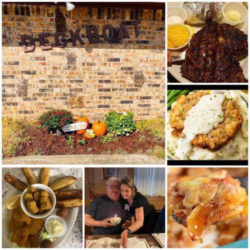 Collage of a restaurant sign, dishes like steak and fried food, and diners enjoying a meal together.