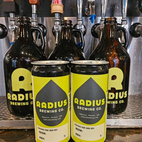 Two cans and three growlers of Radius Brewing Co. beer on a bar counter, with a brewery logo in the background.
