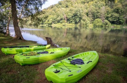 Three bright green kayaks are lined up on the shore of a calm river, surrounded by lush greenery.