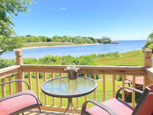 A scenic view from a deck overlooking a calm lake, with greenery and a clear blue sky in the background.