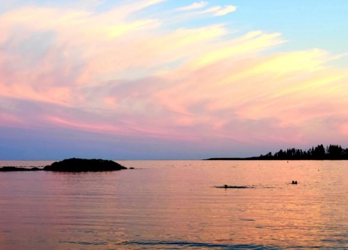 A serene sunset over calm waters, with pastel clouds reflecting in the sky and silhouettes of trees in the distance.