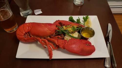 A whole lobster served on a white plate with vegetables, lemon, and a small bowl of melted butter.