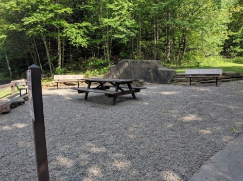 A gravel area with picnic tables surrounded by trees and a large rock in a serene outdoor setting.