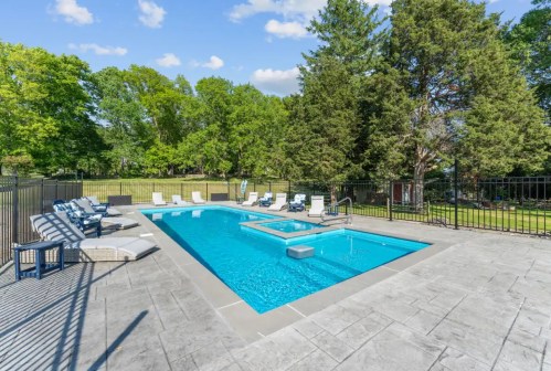 A clear blue pool surrounded by lounge chairs and trees, set in a sunny outdoor area with a fenced perimeter.
