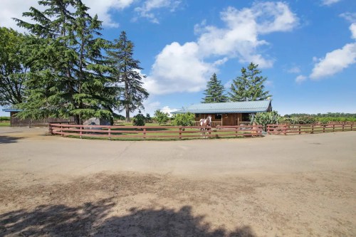 A rustic farm scene featuring a wooden barn, fenced area, and tall trees under a blue sky with fluffy clouds.