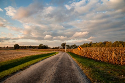A winding rural road curves through fields under a cloudy sky, with a yellow curve warning sign on the right.