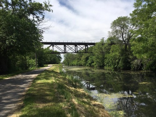 A peaceful canal lined with trees, featuring a railway bridge overhead under a cloudy sky.