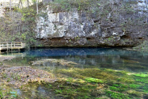 Blue colored spring with viewing platform