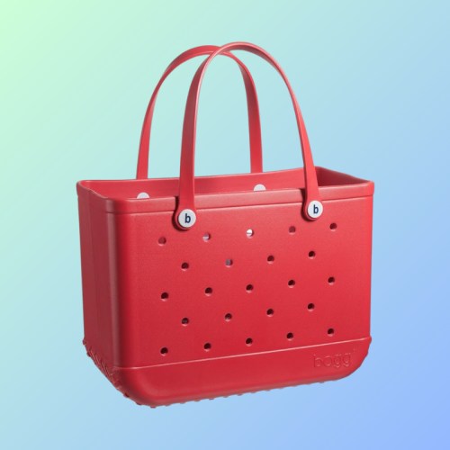 A red, perforated tote bag with two handles against a gradient background.