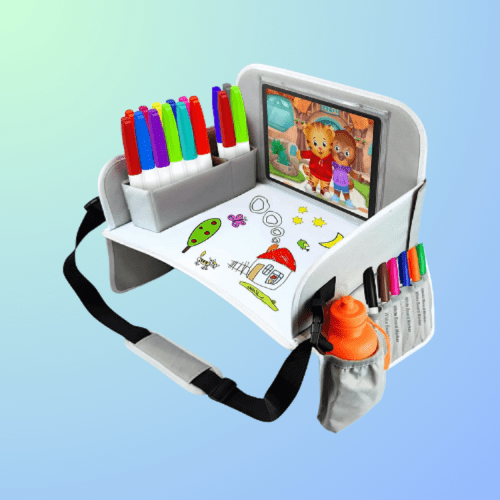 A portable drawing desk with markers, a screen for images, and a water bottle holder, set against a gradient background.