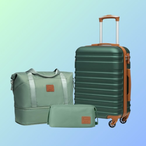 A green suitcase, matching duffel bag, and small pouch on a gradient background.