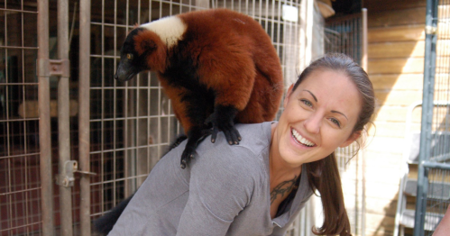 A woman smiles while a brown and black lemur sits on her shoulder in a zoo setting.