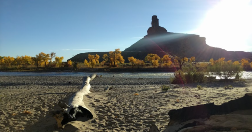 A scenic landscape featuring a river, a fallen log, and a rocky formation with autumn trees under a clear blue sky.
