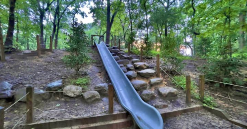 A green slide in a wooded park, surrounded by rocks and trees, leading down a gentle slope.