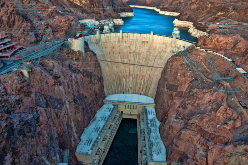 aerial shot of the hoover dam at the nevada-arizona border