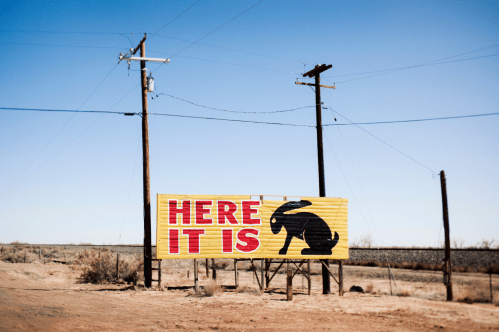 here is is iconic sign with silhouette of a rabbit for the jsck rabbit trading post in arizona